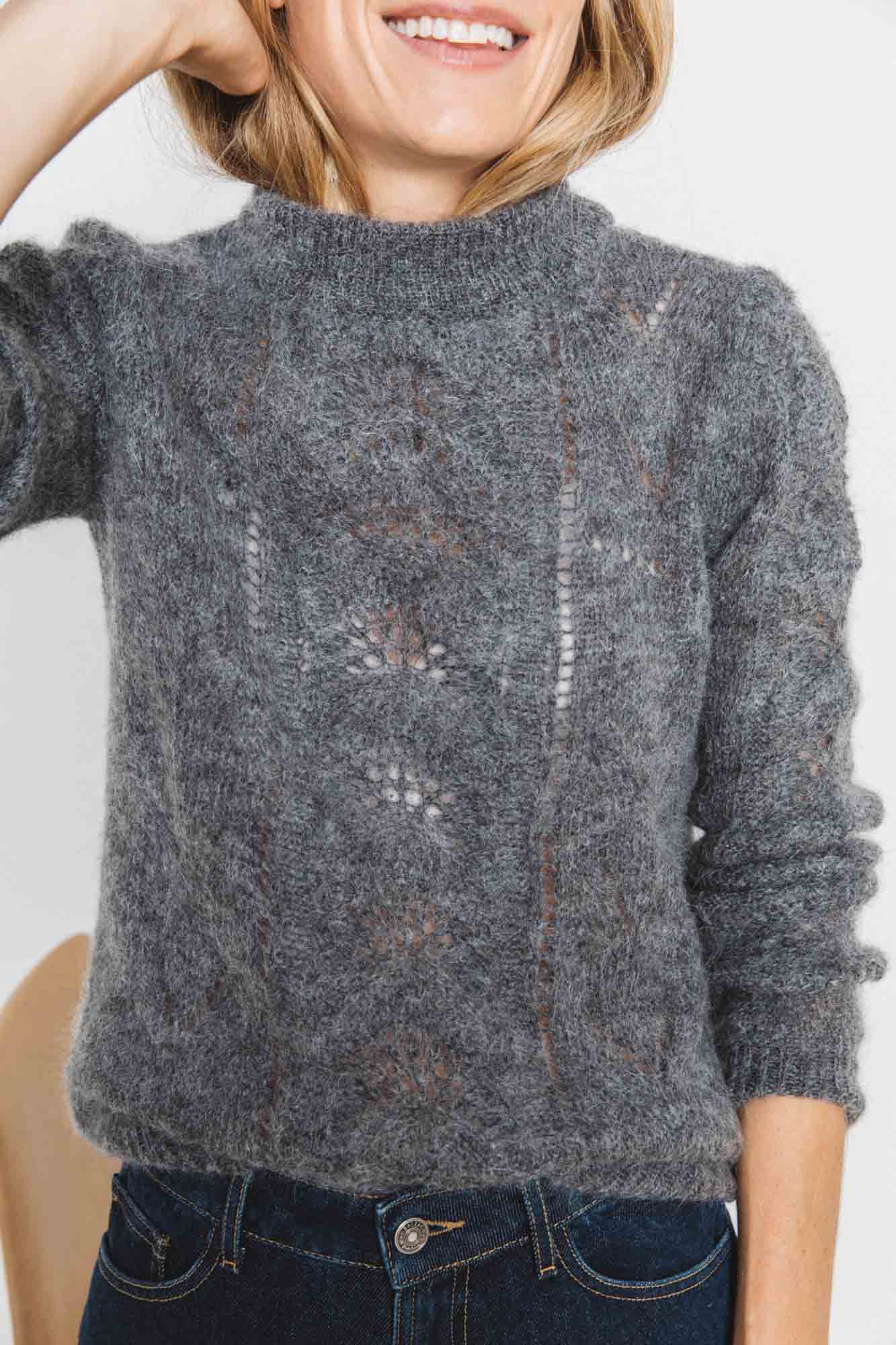 Pull gris maille chaud hiver alpaga mohair femme Colombe Balzac