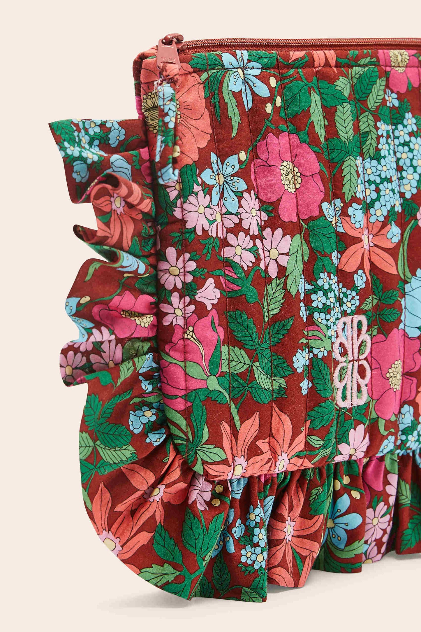 Carline pouch with pink and burgundy Liberty print