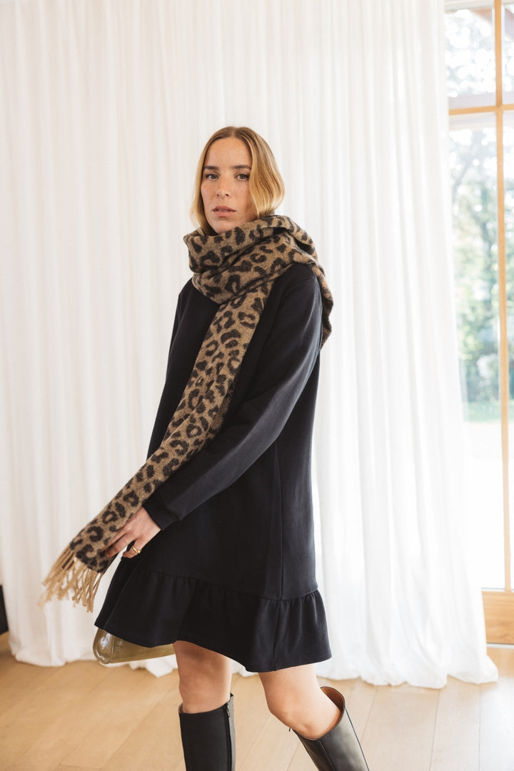 HS Leopard/Soft Black Dress w/ Scarf - Boutique Evasion + Vendredi Chic