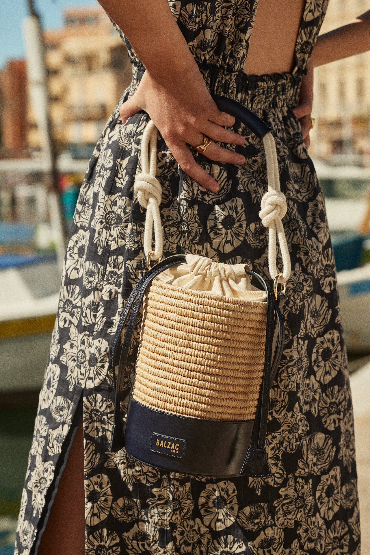 Dress Célesta printed flower party stripes navy and ecru
