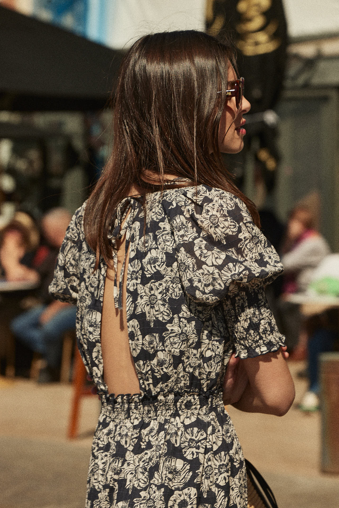 Dress Célesta printed flower party stripes navy and ecru