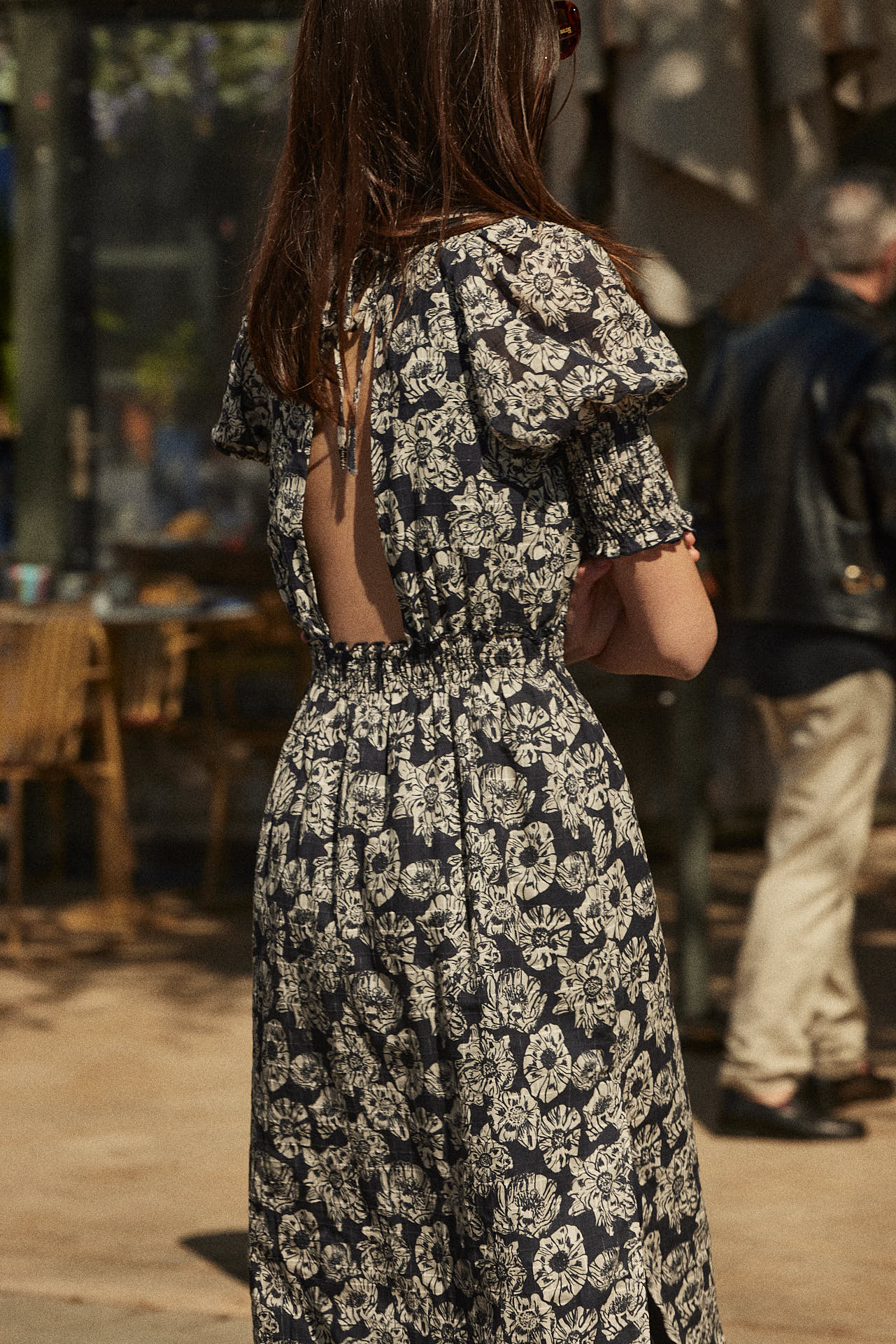 Dress Célesta printed flower party stripes navy and ecru