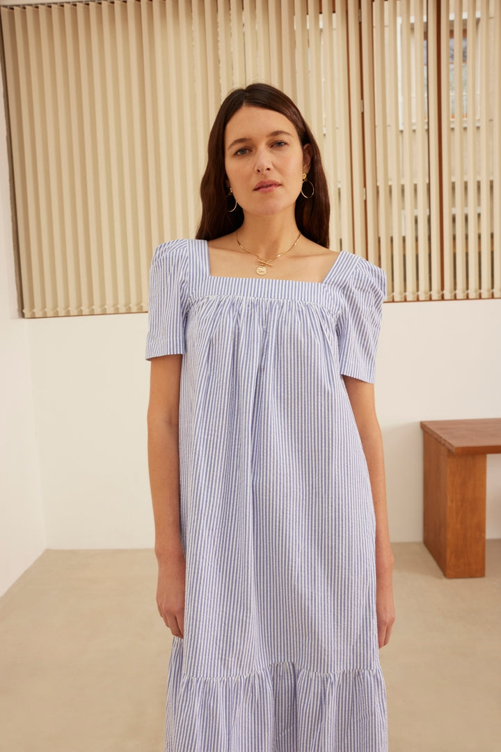 Robe Bébé Fille Paz Rodriguez - Rayures Bleues Et Blanches - Taille 12 Mois - Occasion Très Bon état