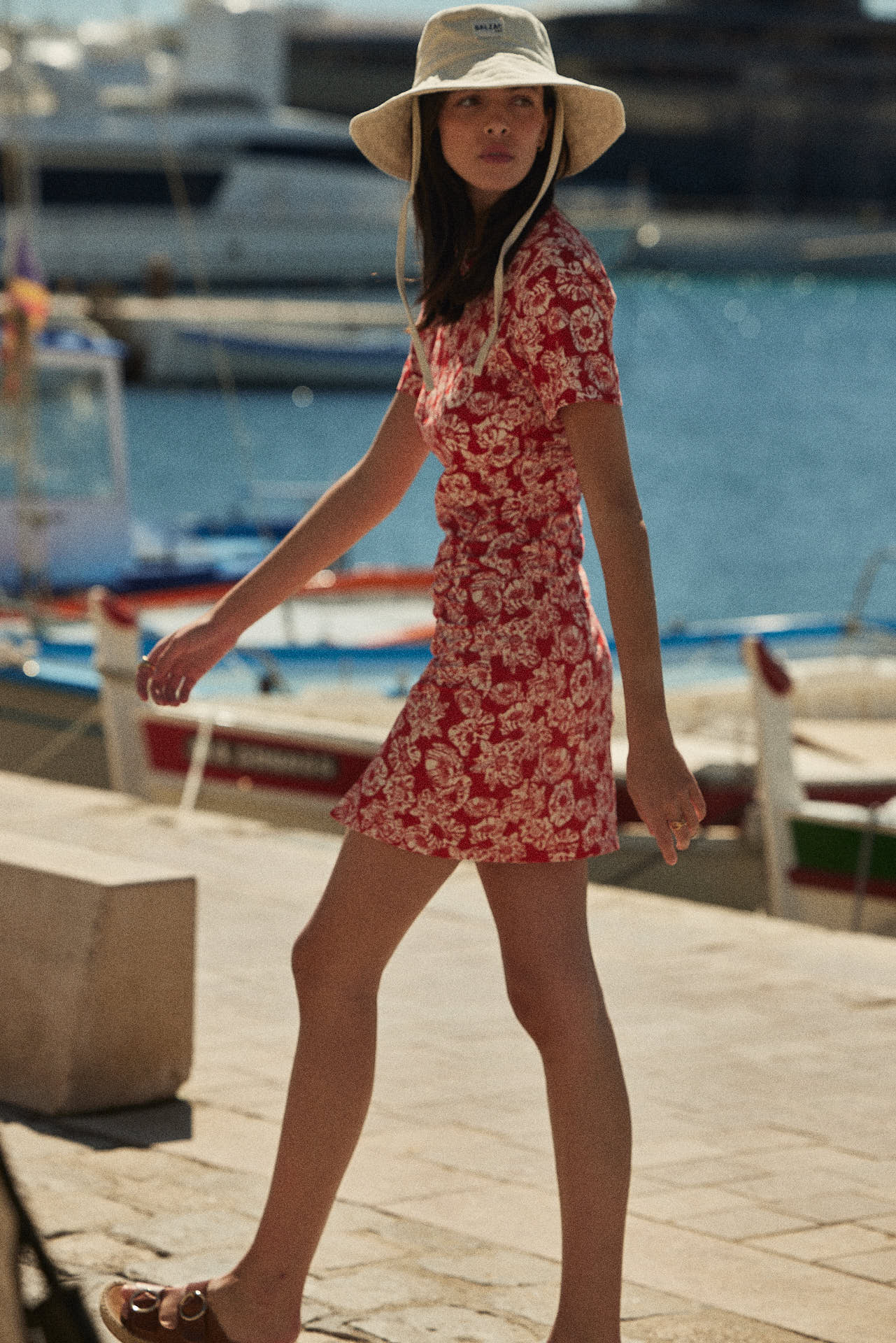 Dress Floréal printed flower party red and ecru