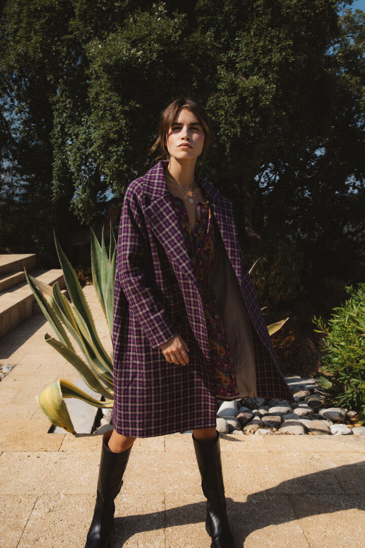 Lenny purple checked coat in recycled wool