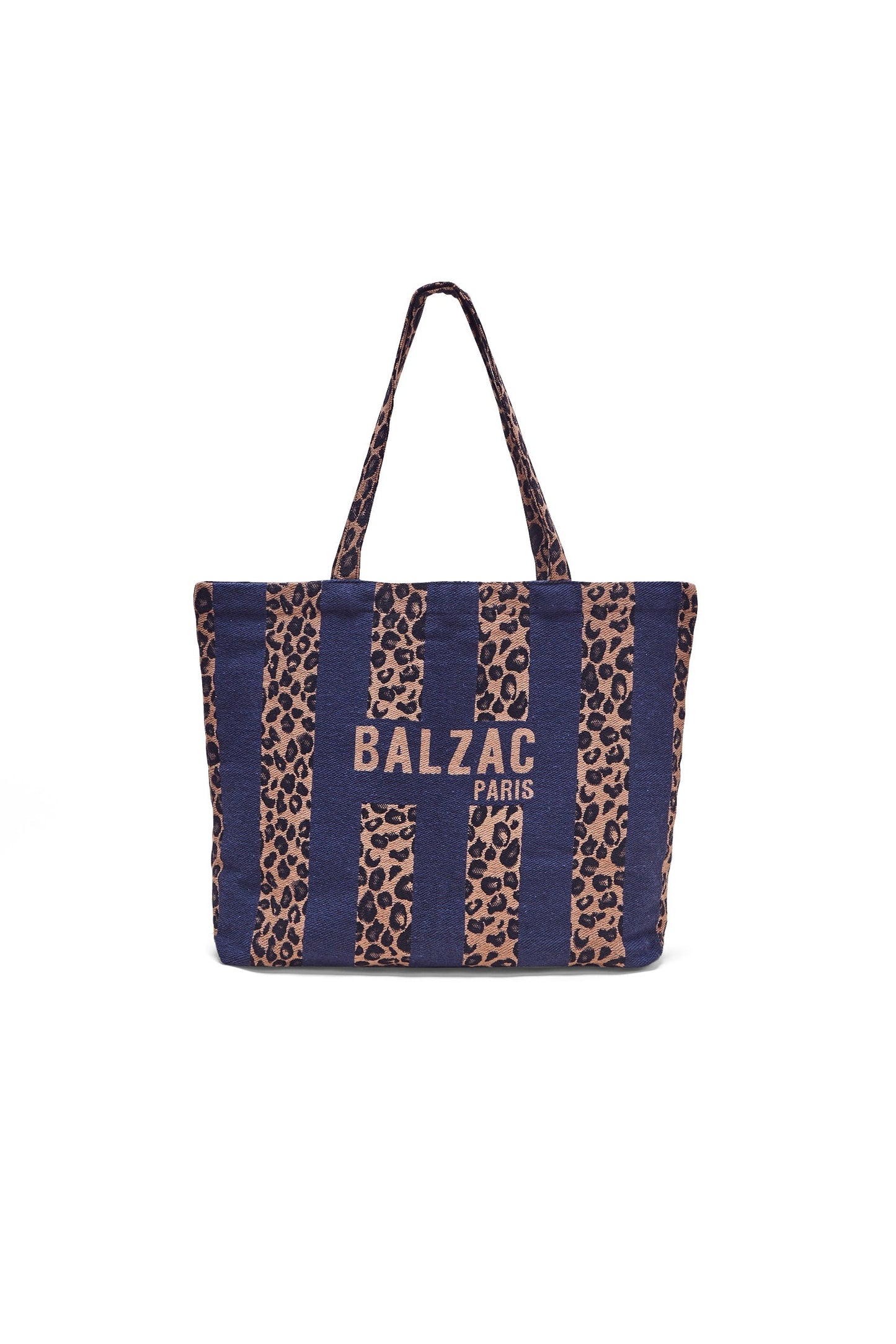 Navy and leopard striped tote bag