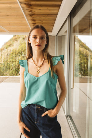 Blouse Poldie imprimé vichy vert manches volants décolleté V coton Balzac Paris