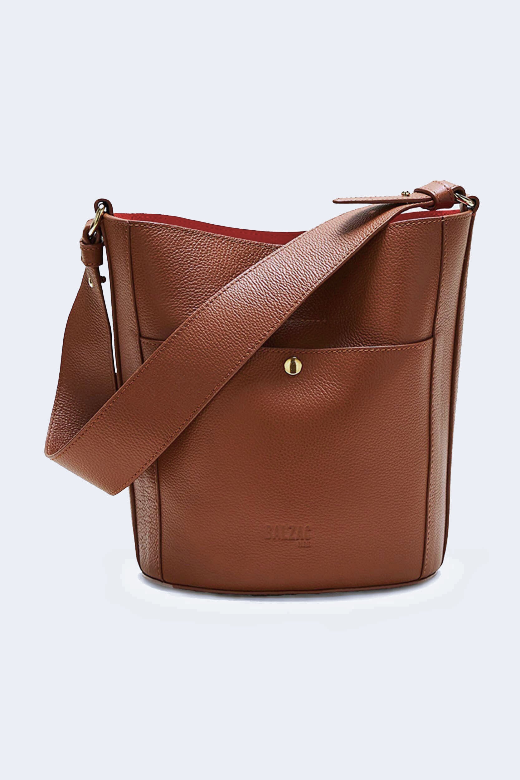Sofia grained cognac leather bag with orange interior - Balzac Paris