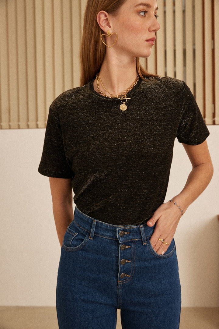 T-shirt Son black iridescent gold