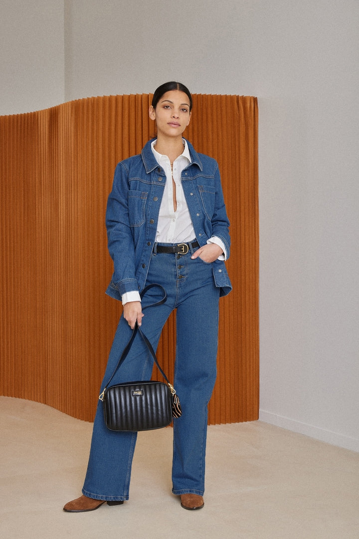 blue workwear jacket pockets organic cotton jeans woman