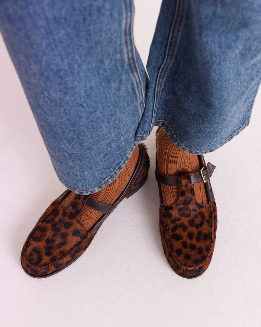 Mocassins Alban pony léopard fauve et chocolat