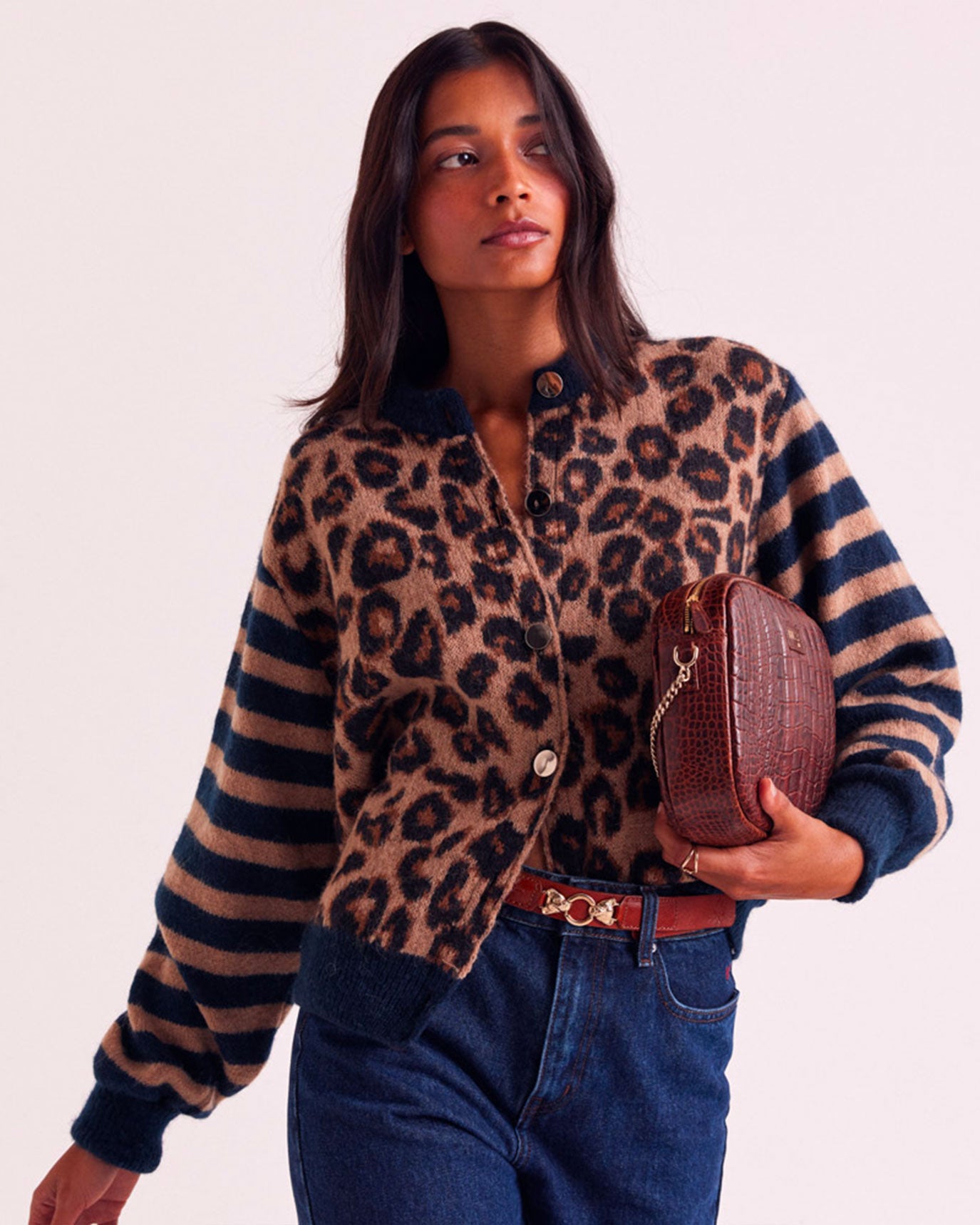 Blue and leopard striped Idole cardigan