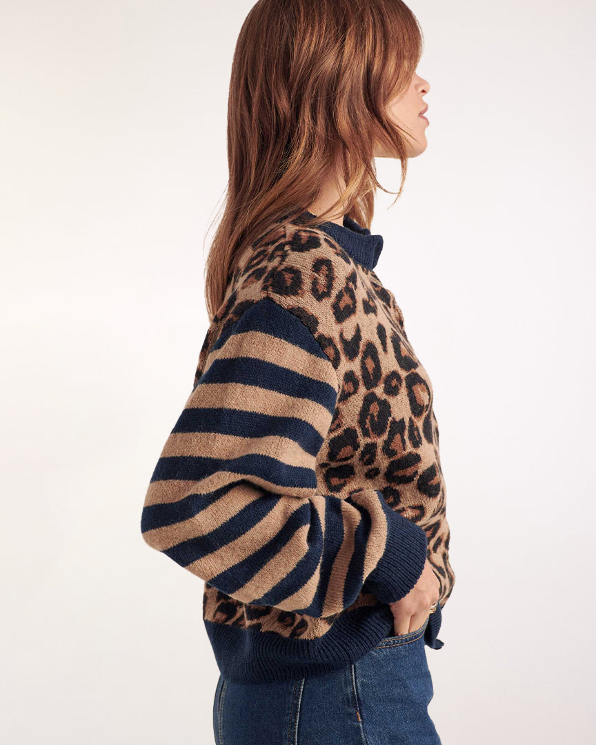 Cardigan Idole blue and leopard