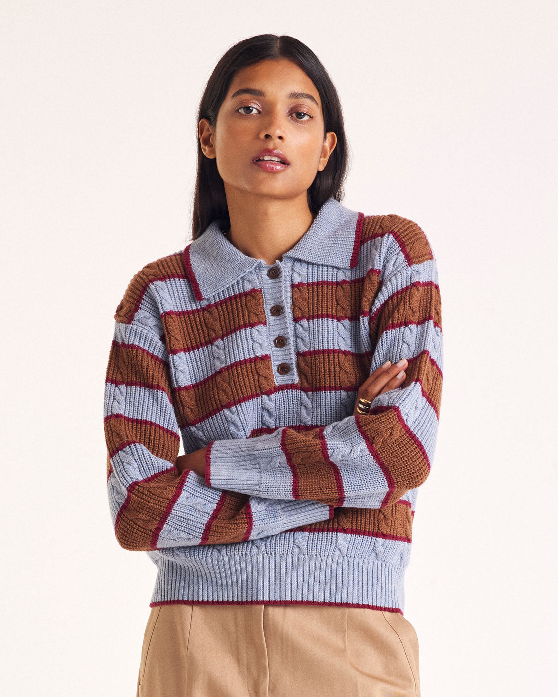 Isidore sweater with blue, cinnamon and burgundy stripes