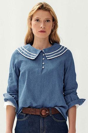 Blouse jean col broderie