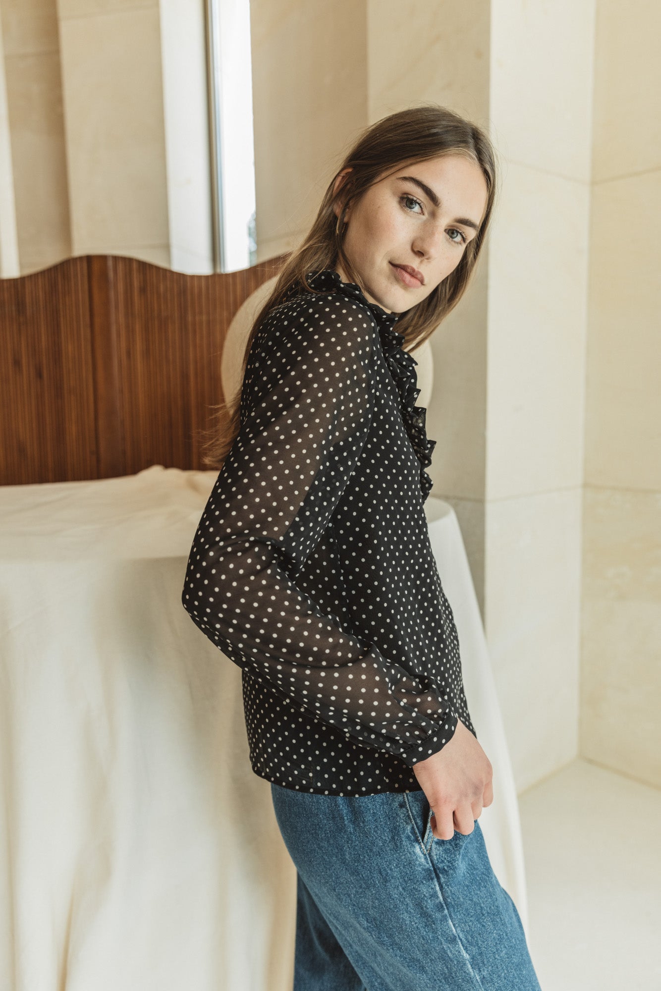 Zora black shirt with white polka dots