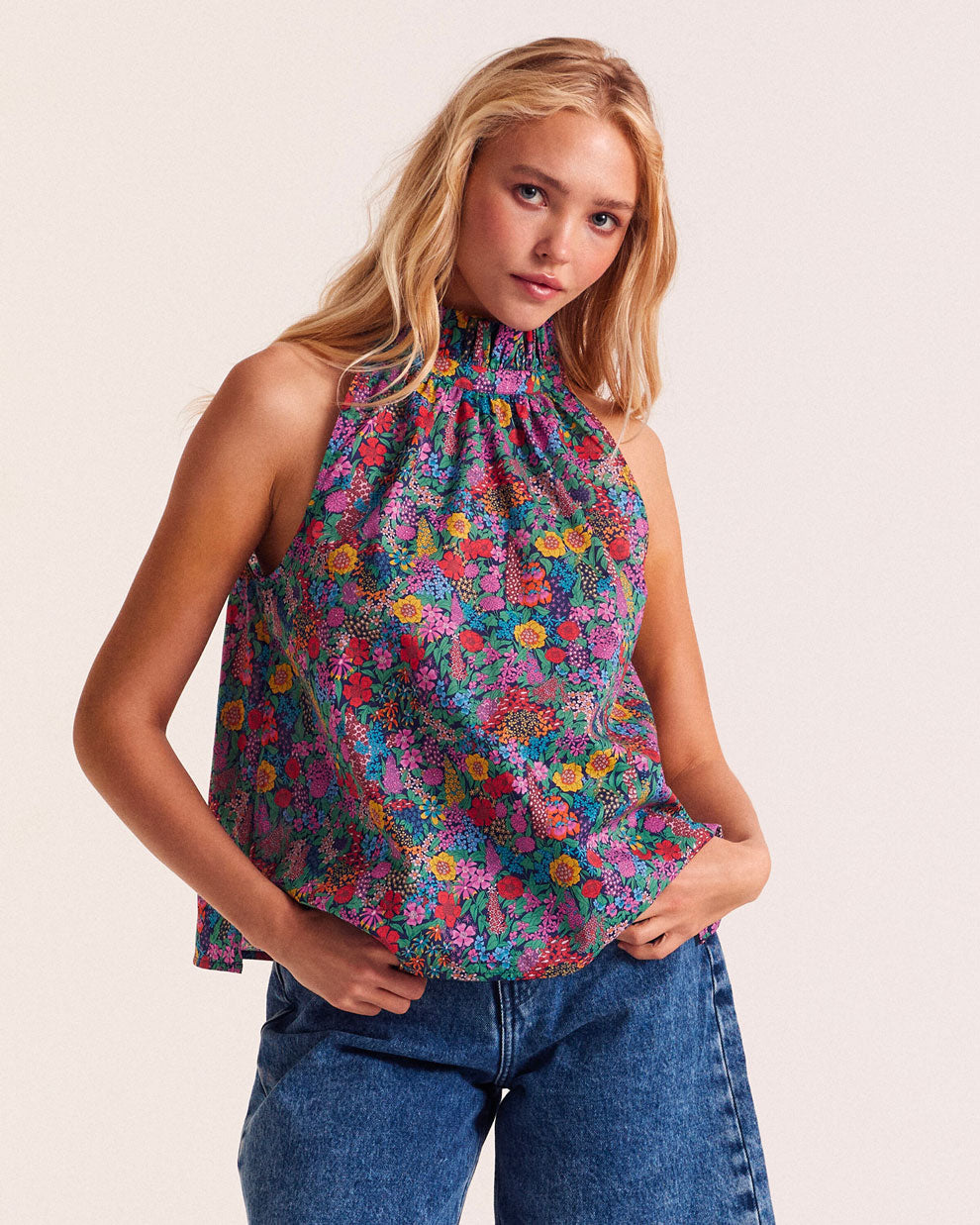 Top Léonora in fabric Liberty purple, pink and yellow