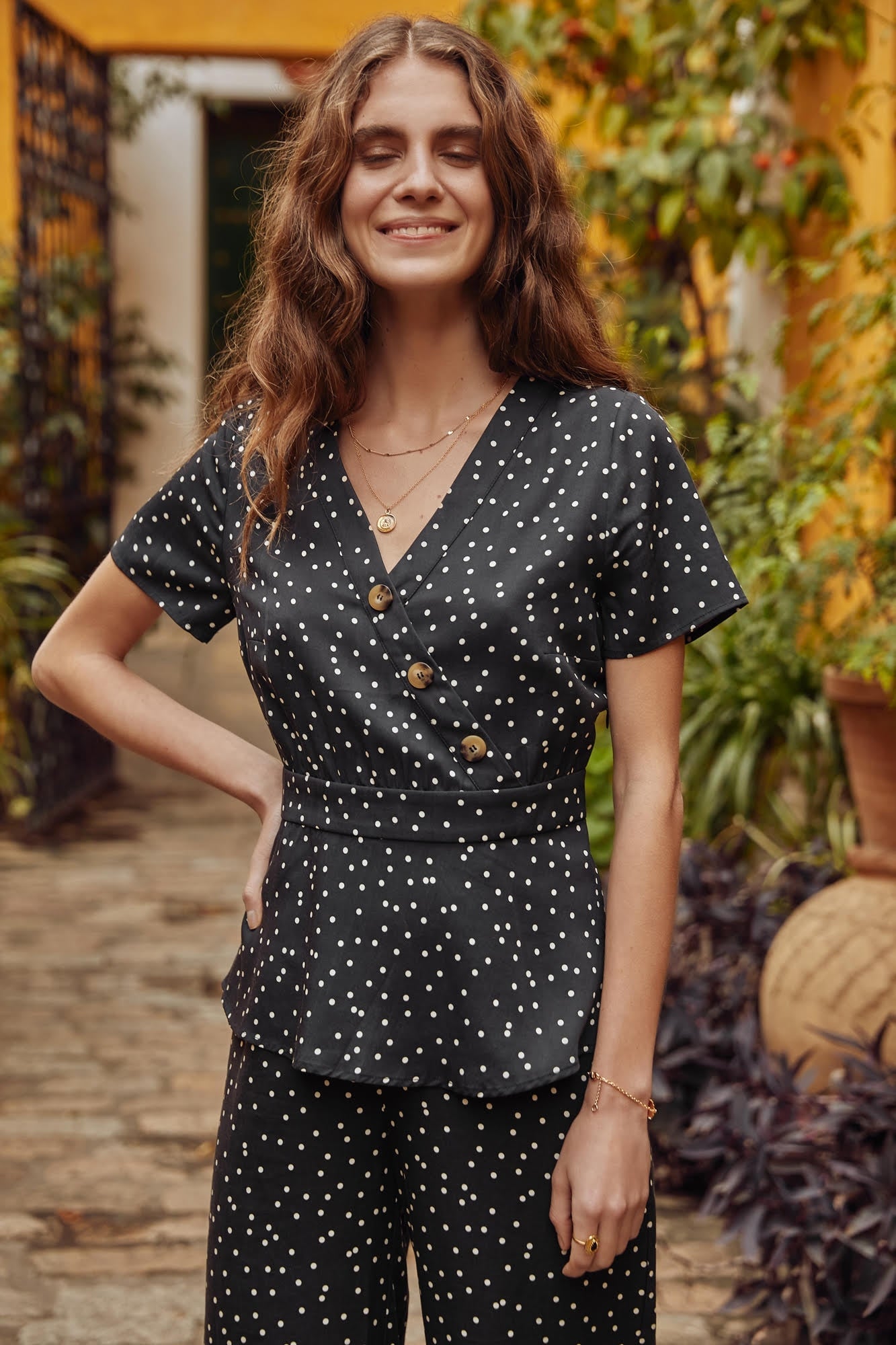 Astoria black blouse with polka dots