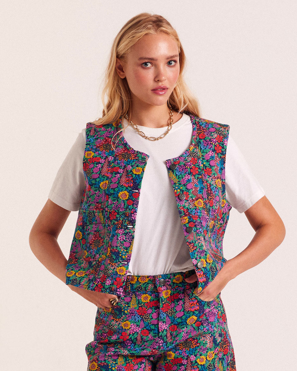 Vest Mike in fabric Liberty purple, yellow and pink