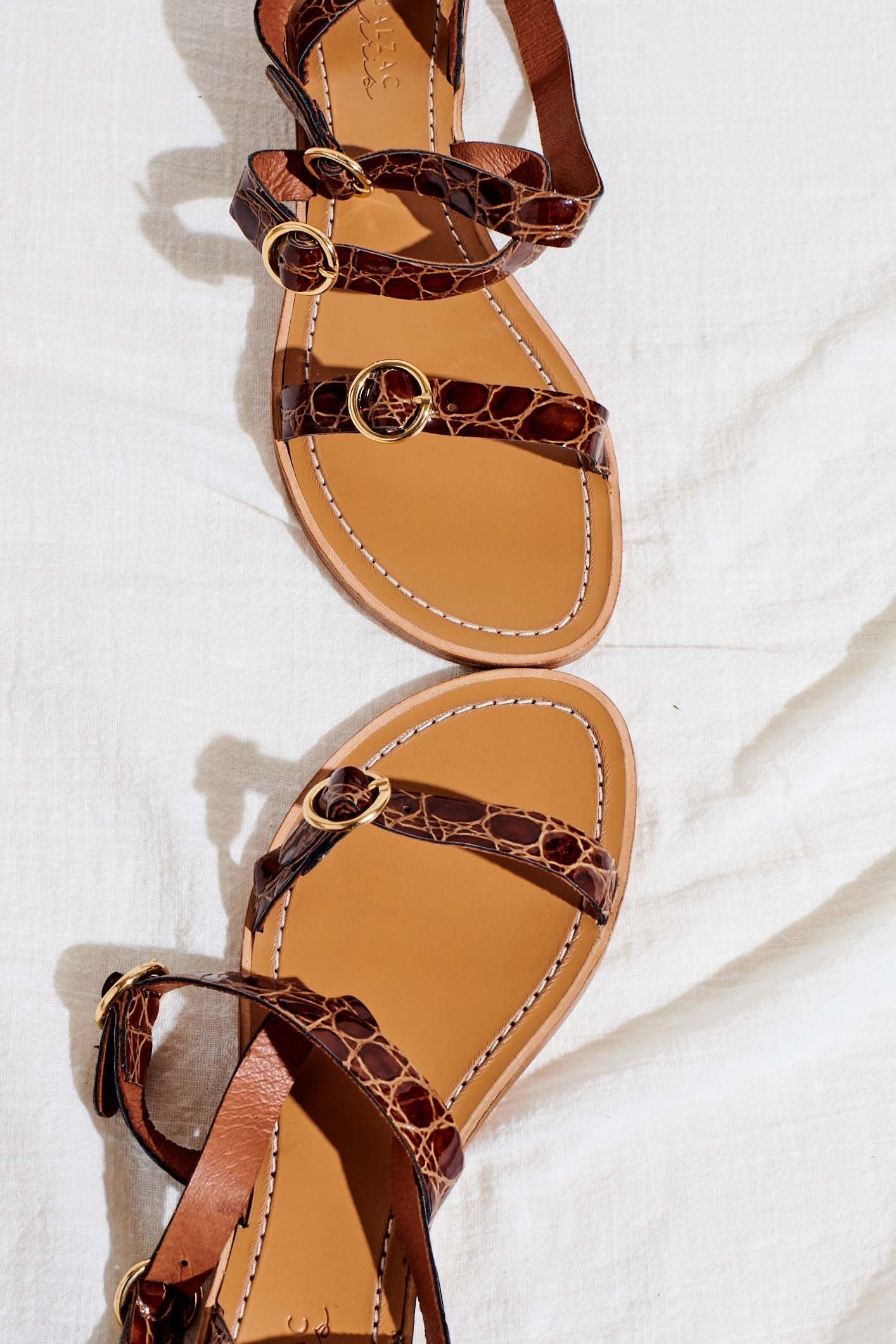 Elia sandals cognac embossed leather low heel Balzac Paris