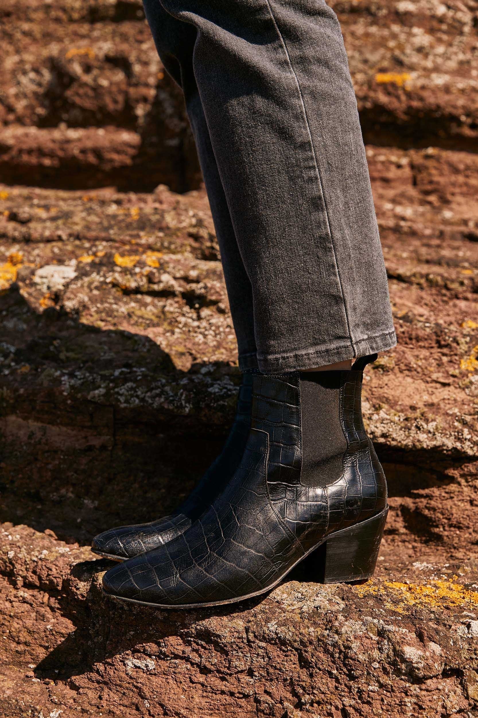 black croc-effect embossed laeticia ankle boots