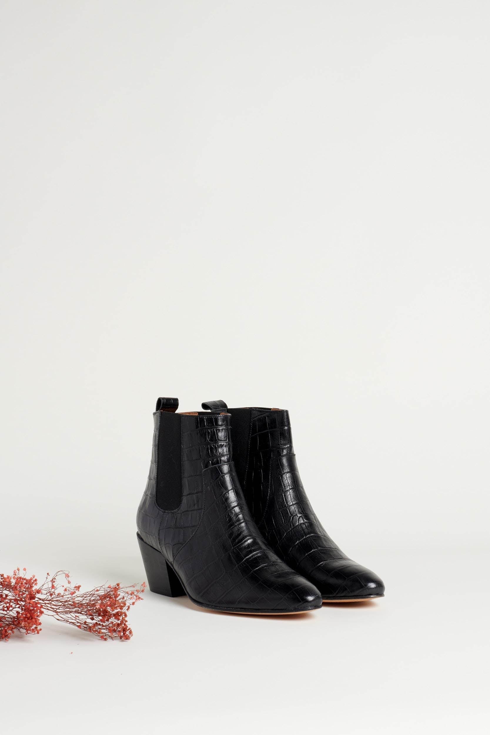 black croc-effect embossed laeticia ankle boots